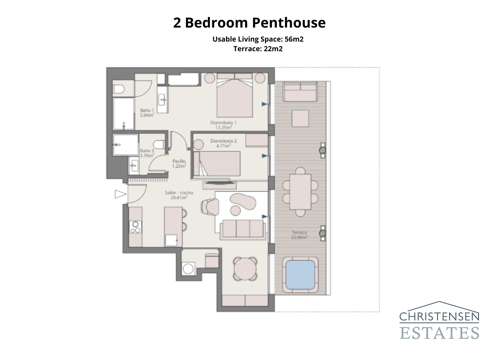 Der Zwei-Schlafzimmer-Dachgeschosswohnungs-Grundriss bietet eine effiziente Raumnutzung und führt zu einer privaten Terrasse mit exzellenter Aussicht.