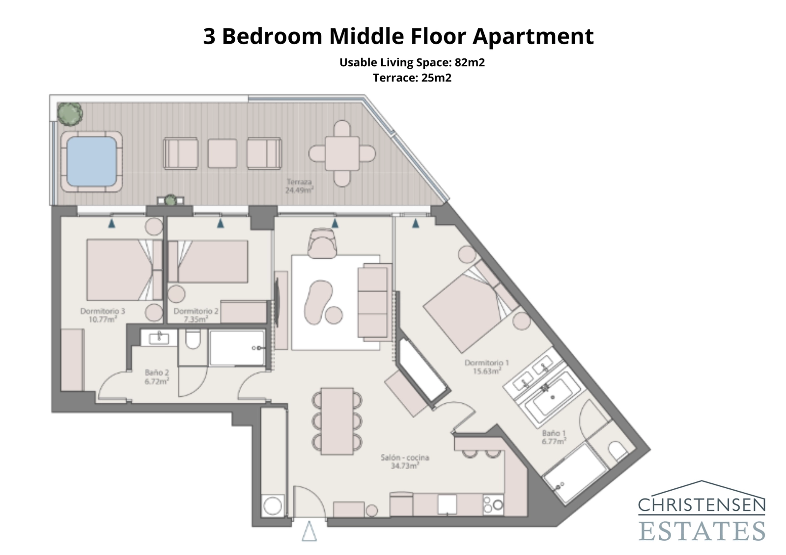 Eine weitläufige Drei-Schlafzimmer-Wohnung mit einem großen offenen Wohn- und Küchenbereich, der mit einer breiten Terrasse für die ganze Familie verbunden ist.