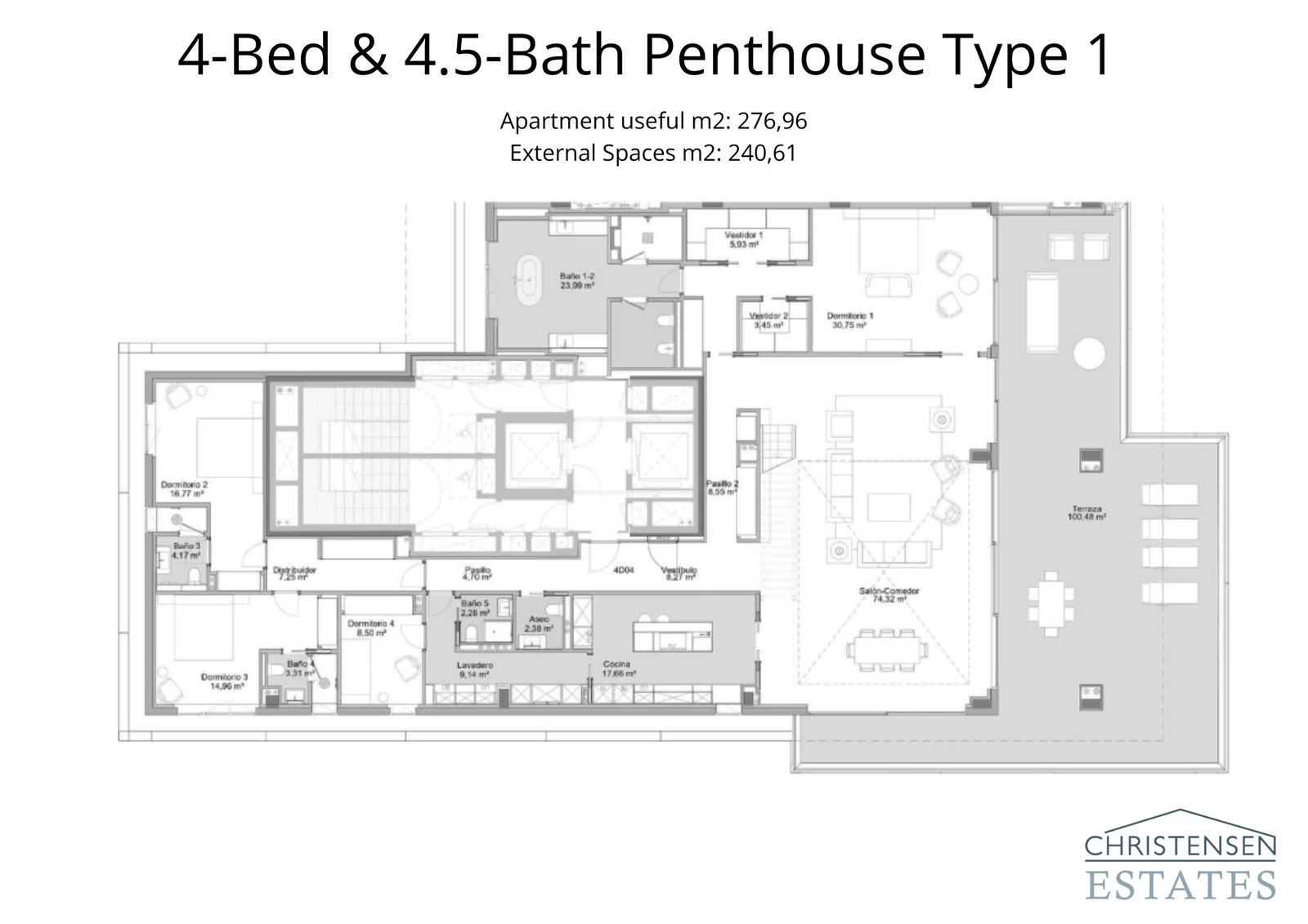 Diese geräumige Dachgeschosswohnung mit vier Schlafzimmern ist für luxuriöses Wohnen konzipiert, mit einem weitläufigen Hauptwohnbereich, der auf eine prächtige 153 m² große Terrasse übergeht und einen außergewöhnlichen Meerblick bietet.