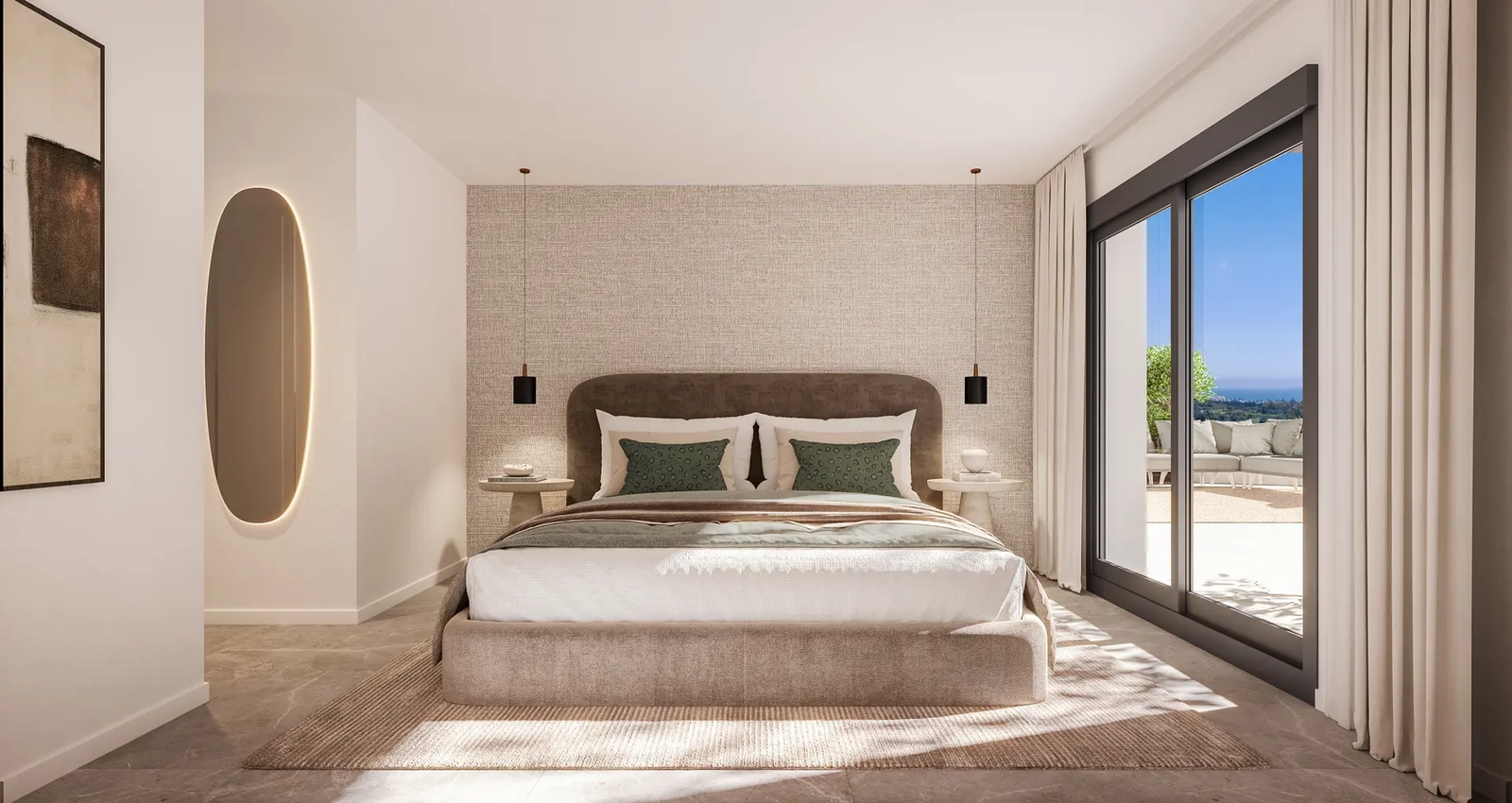 Das Hauptschlafzimmer ist ein ruhiger Rückzugsort mit direktem Zugang zur Terrasse und wunderschönem Tageslicht.
