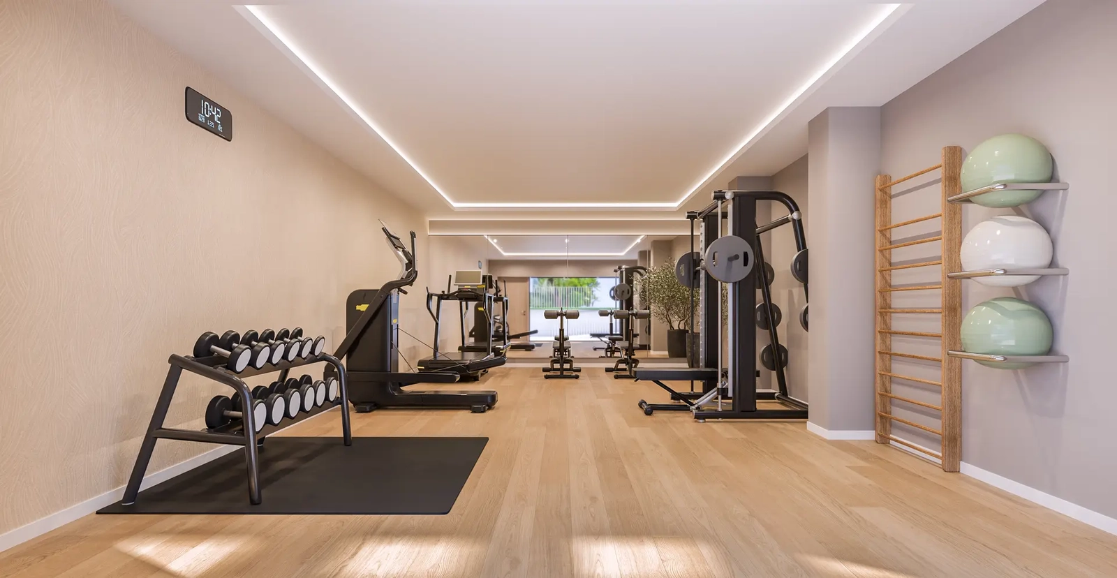 Bleiben Sie aktiv und gesund im voll ausgestatteten Fitnessstudio vor Ort, das exklusiv den Bewohnern zur Verfügung steht.