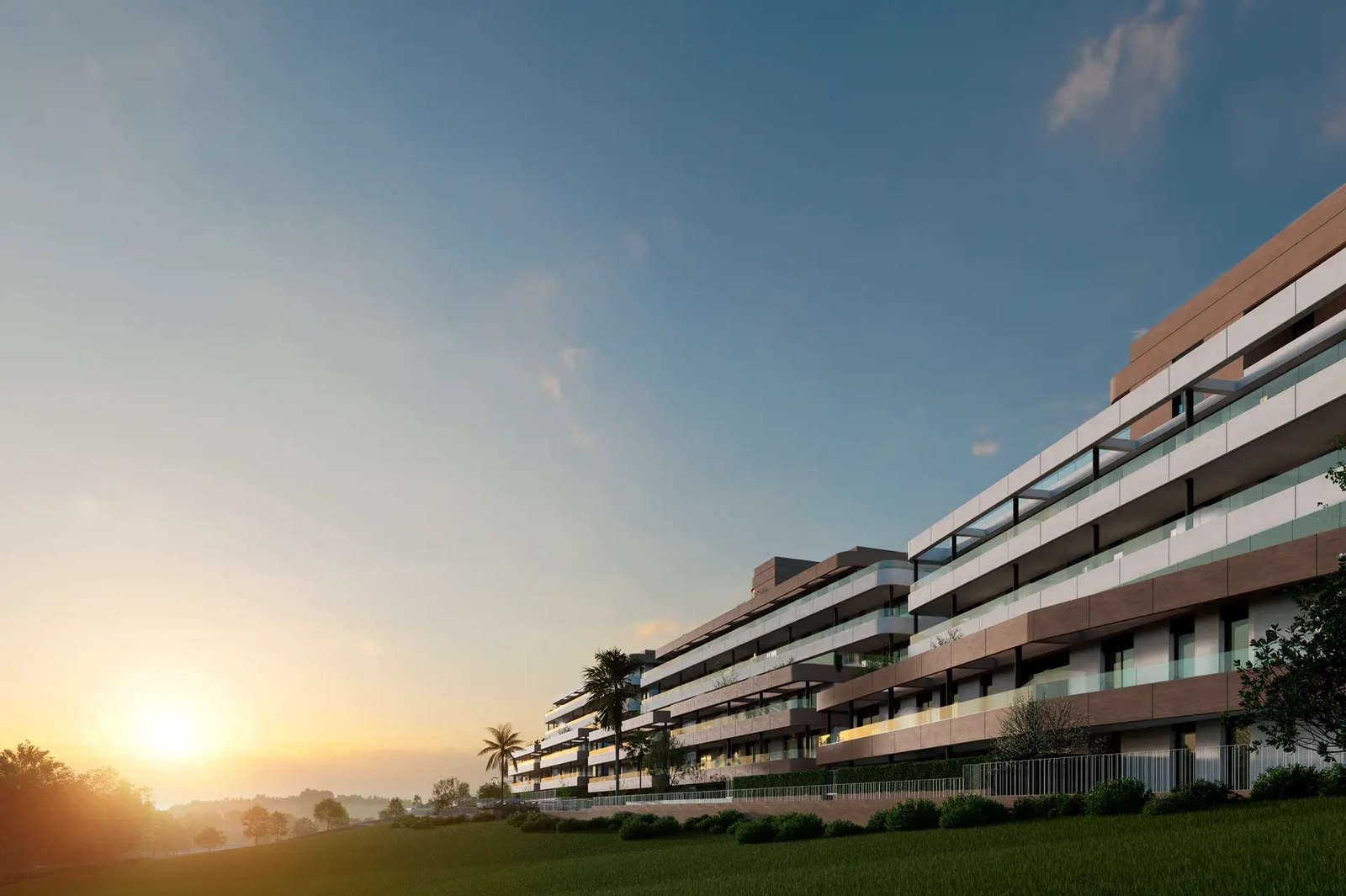 Die zeitgenössische Architektur der Anlage erstrahlt wunderschön während der goldenen Stunde des Sonnenuntergangs.