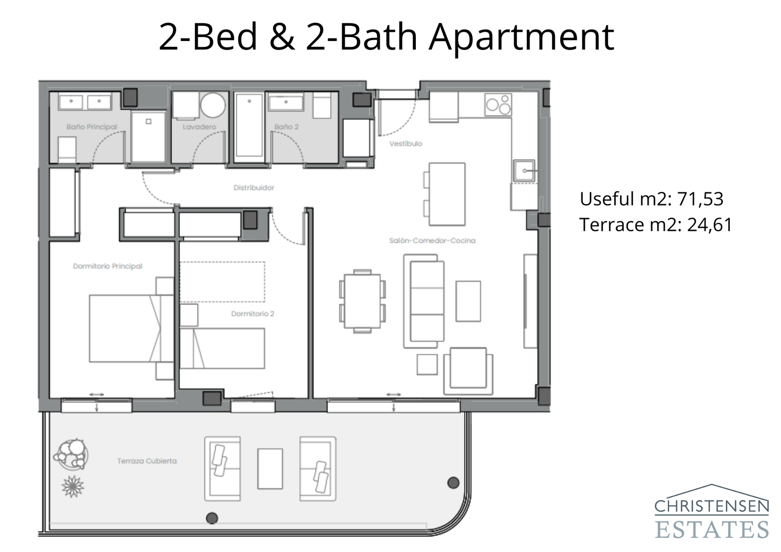 Dieser Grundriss mit zwei Schlafzimmern ist auf Komfort und Raumfluss ausgelegt und verfügt über einen offenen Wohnbereich, der sich auf eine großzügige Terrasse erstreckt.