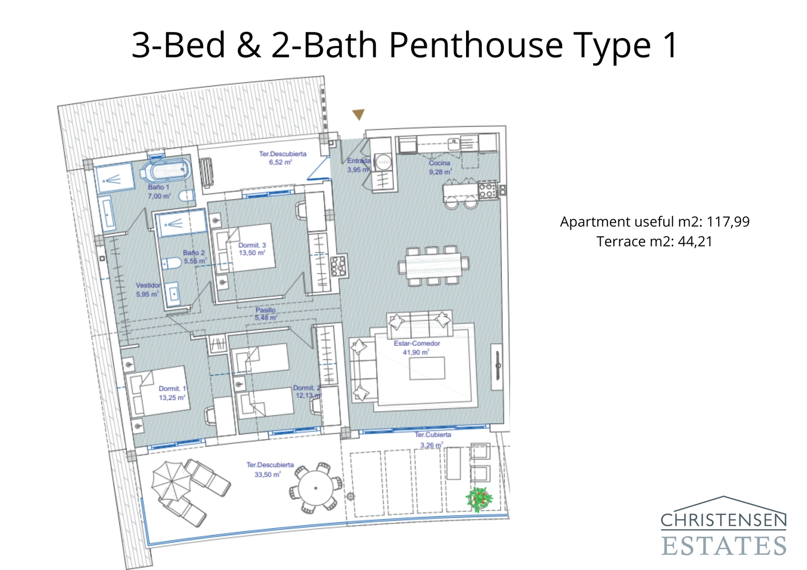 Dieser 3-Zimmer-Penthouse-Grundriss bietet ein intelligentes, einstöckiges Design mit großzügigen Wohnbereichen und großen Terrassen, um den Genuss der Aussicht zu maximieren.