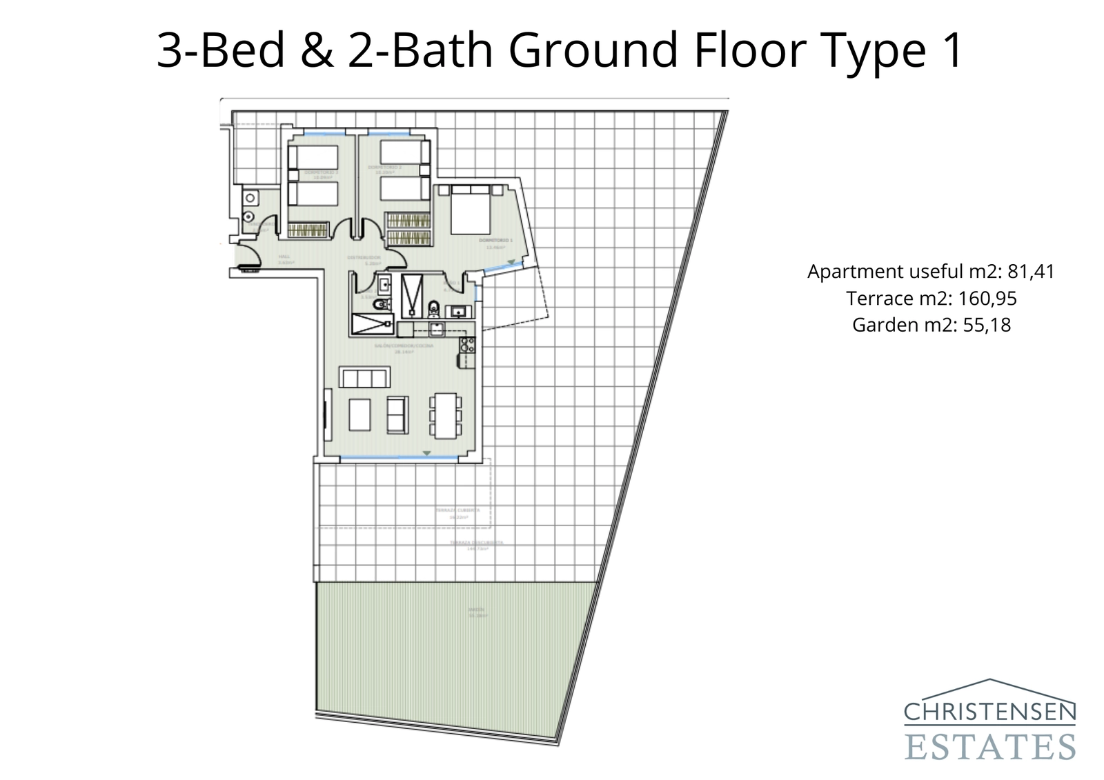 Eine geräumige Erdgeschosswohnung mit drei Schlafzimmern, komplett mit einer weitläufigen Terrasse und einem privaten Garten für das ultimative Outdoor-Wohnerlebnis.