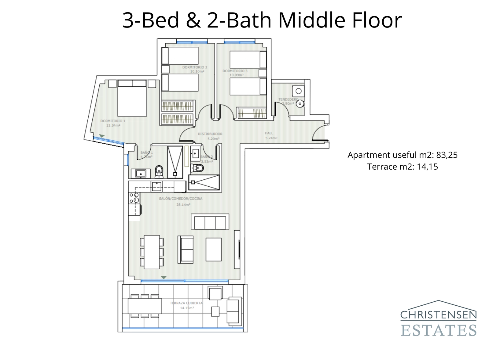 Eine gut gestaltete Etagenwohnung mit drei Schlafzimmern, komfortabler Aufteilung und einer privaten Terrasse, um die Aussicht zu genießen.
