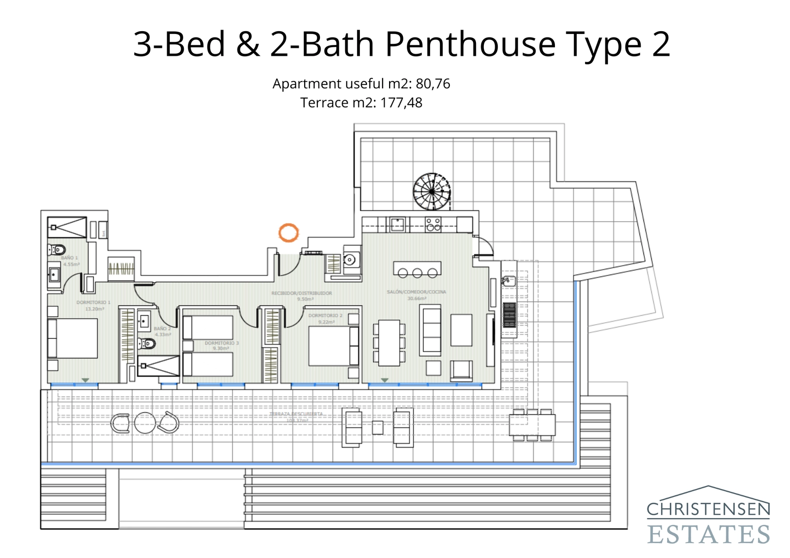 Ein beeindruckender Penthouse-Grundriss mit drei Schlafzimmern und einer riesigen Terrasse, perfekt zum Unterhalten und Genießen des Panoramablicks auf die Costa del Sol.