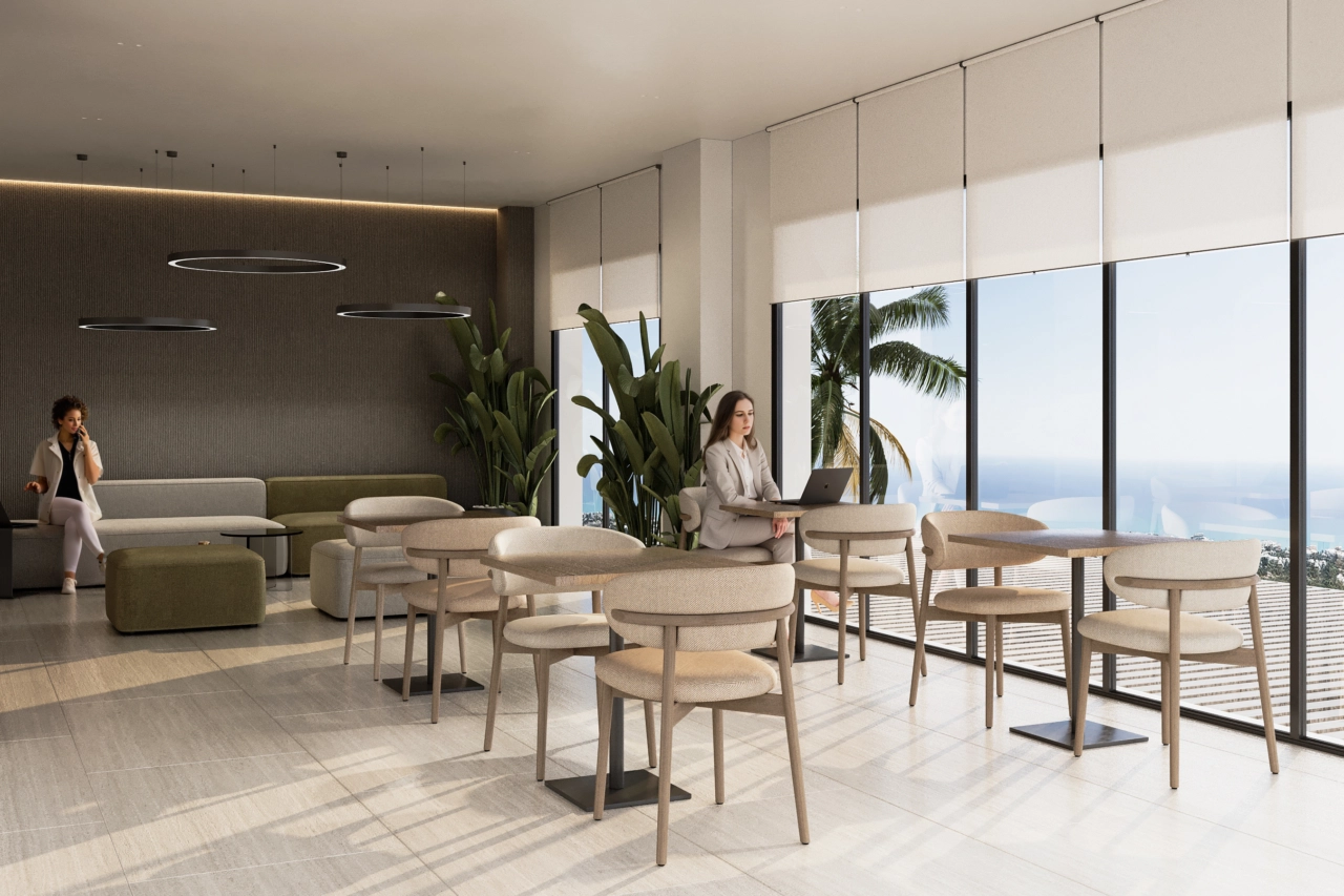 Ein moderner Co-Working-Bereich für Bewohner, um in professioneller Umgebung zu arbeiten oder Besprechungen abzuhalten.