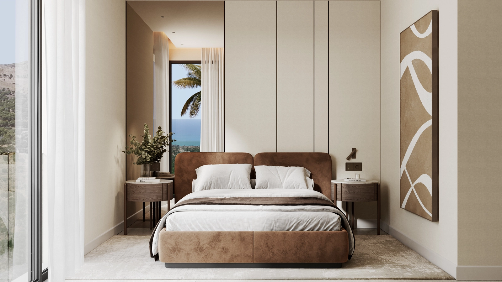 Wachen Sie mit einer ruhigen Aussicht aus dem elegant gestalteten Hauptschlafzimmer auf.