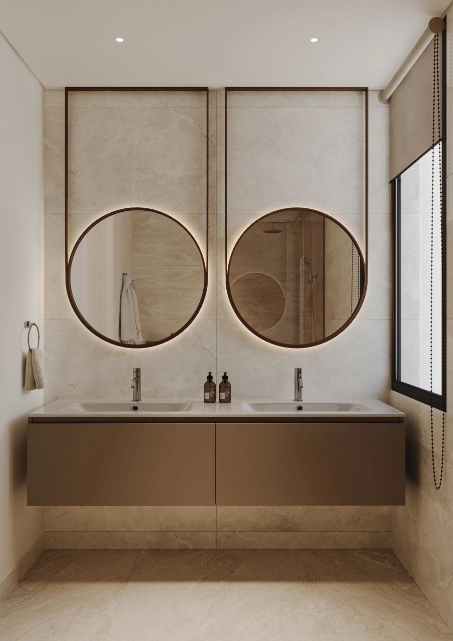 Ein stilvolles Badezimmer-Refugium mit hochwertigen Materialien und Oberflächen.