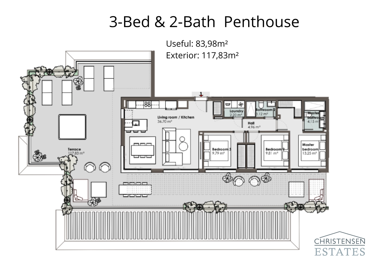 Dieser Grundriss eines Penthauses mit drei Schlafzimmern zeigt eine weitläufige Terrasse, perfekt für das Leben im Freien, die nahtlos mit dem hellen Wohnbereich verbunden ist.