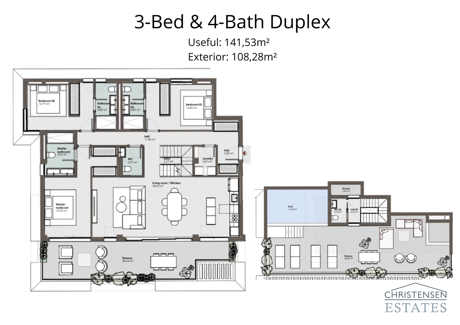 Dieser Duplex-Grundriss zeichnet sich durch ein mehrstöckiges Design mit privaten Schlafzimmern und einer beeindruckenden Dachterrasse mit Pool aus.