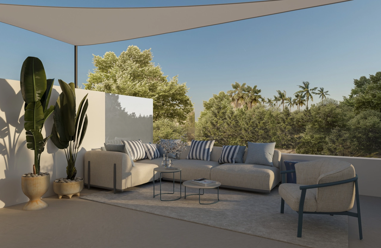 Eine geräumige Terrasse, die für komfortables Wohnen im Freien und zum Genuss des angenehmen Klimas konzipiert ist.