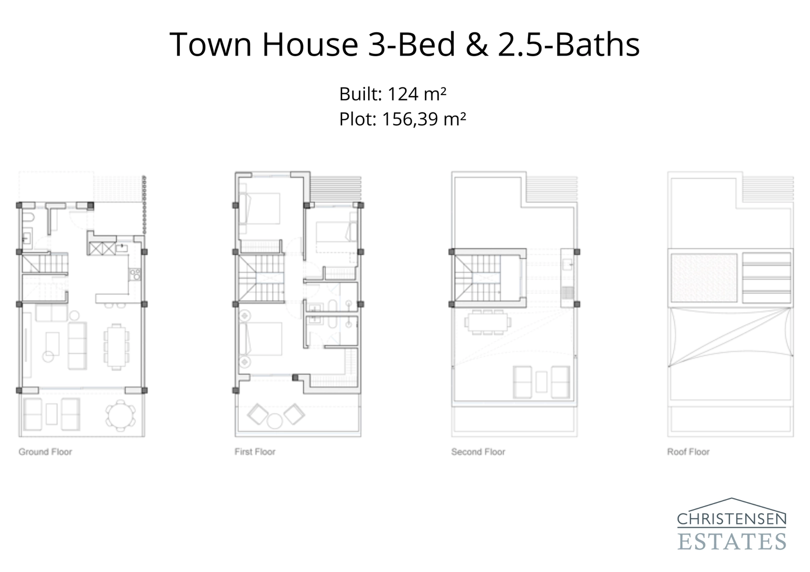 Dieser Grundriss eines Reihenhauses mit drei Schlafzimmern zeigt ein durchdachtes Heim von 124 m² mit effizienter Raumnutzung.