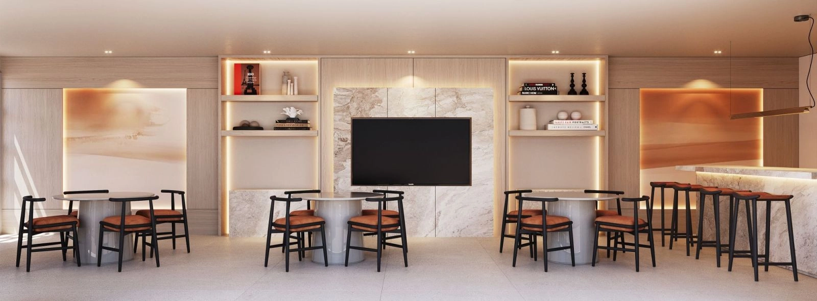 Der stilvolle Gourmetclub bietet einen anspruchsvollen sozialen Treffpunkt für Bewohner und ihre Gäste, um zusammenzukommen und zu entspannen.