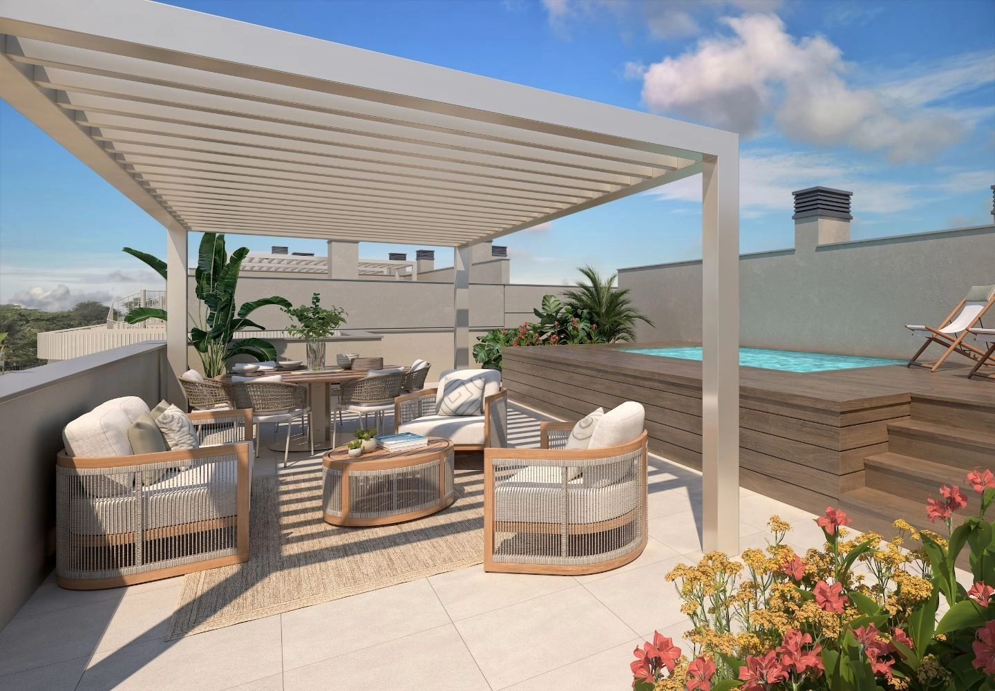 Eine exquisite Dachterrasse des Penthouses mit privatem Schwimmbad, entworfen für den ultimativen Luxus und Entspannung.