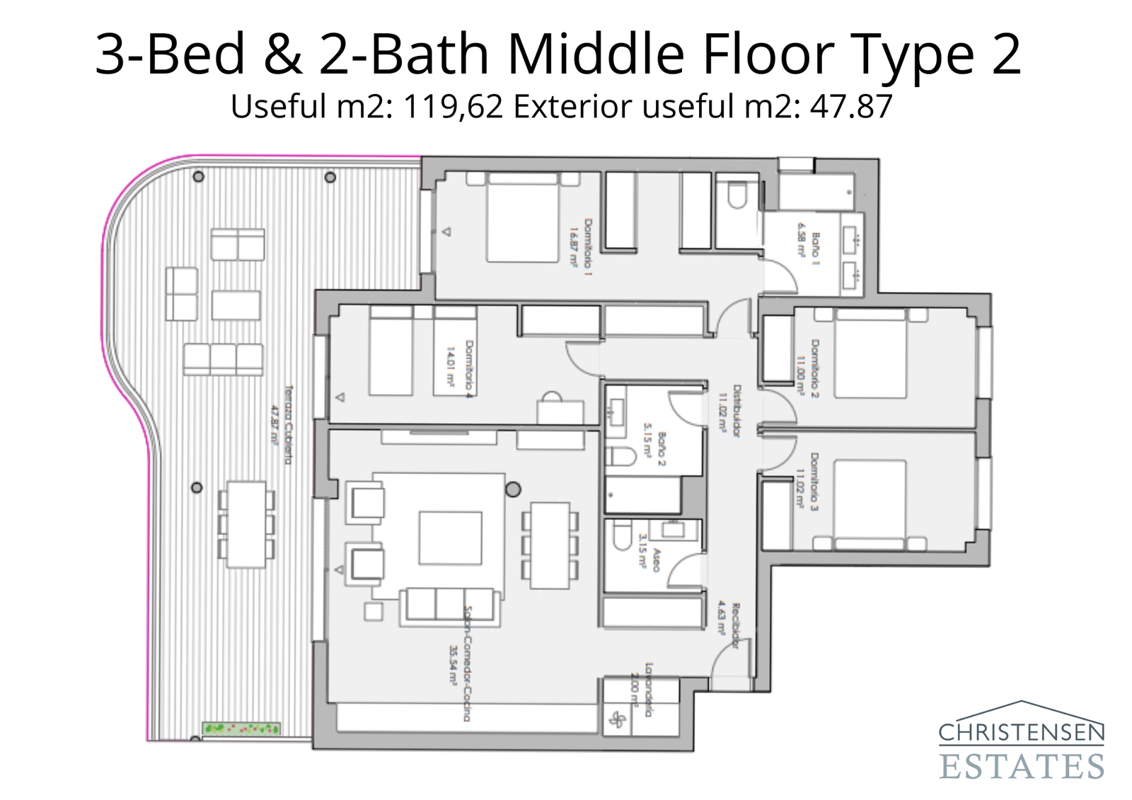 Ein geräumiger Dreizimmer-Wohnungs-Grundriss, entworfen mit einer umlaufenden Terrasse, um Licht und Aussicht zu maximieren.