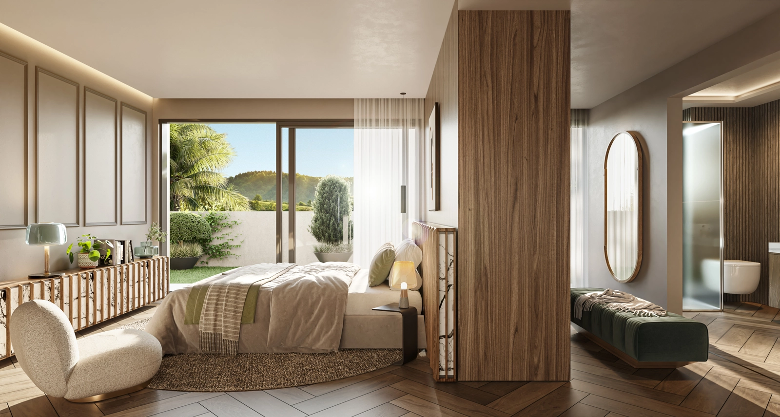 Helle und geräumige Wohnbereiche sind mit eleganten Details und großen Fenstern gestaltet, die den atemberaubenden Meerblick einrahmen.