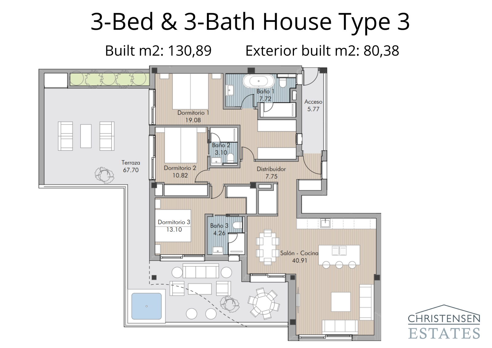 Ein großzügiger Dreizimmer-Wohnungsgrundriss, der weitläufige Wohnbereiche und eine große Terrasse zum Genießen des Klimas präsentiert.