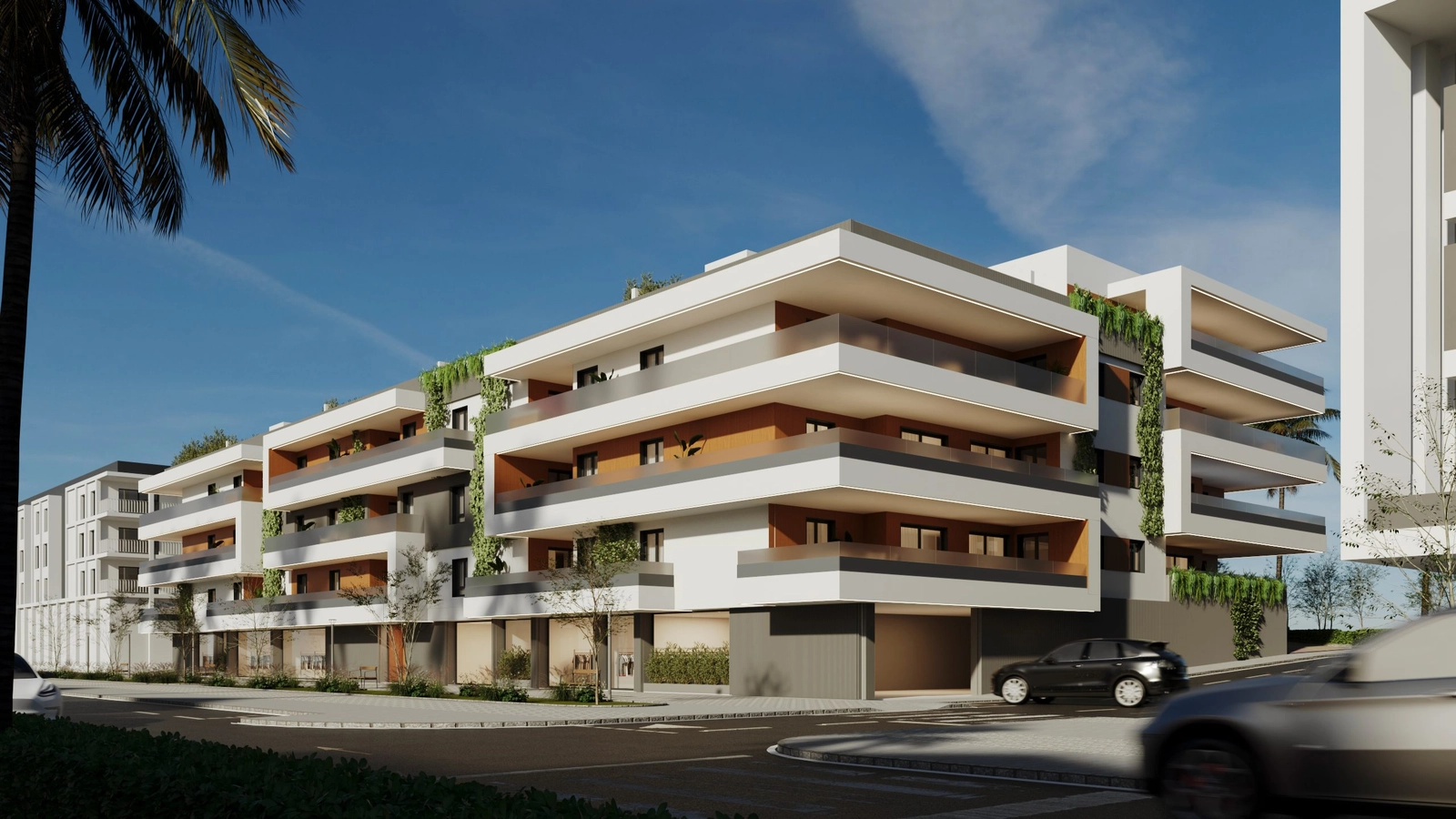 Klare Linien und natürliche Materialien prägen die zeitgenössische Fassade des Gebäudes.