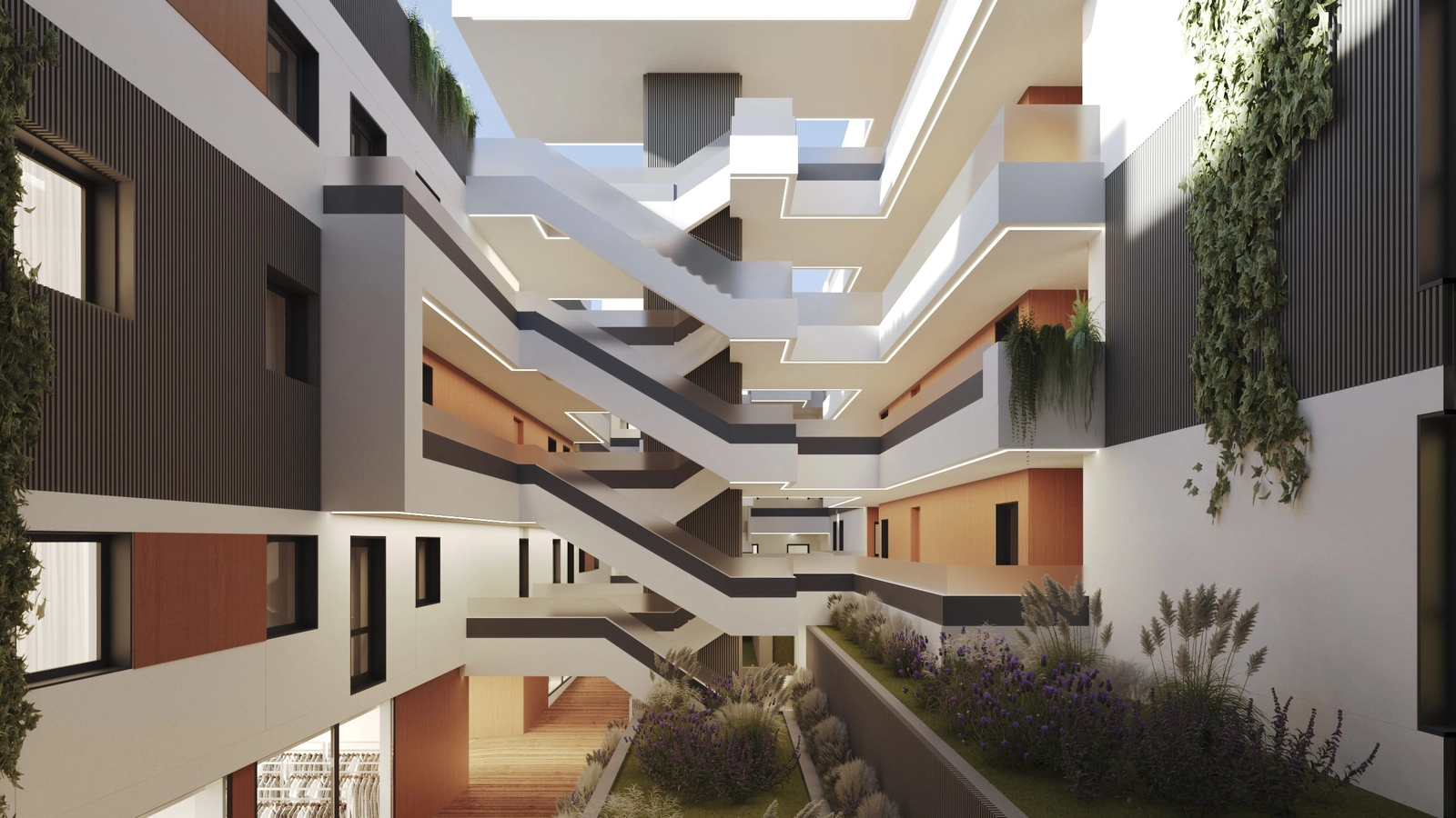 Das helle zentrale Atrium kombiniert markantes Design mit Grünflächen.