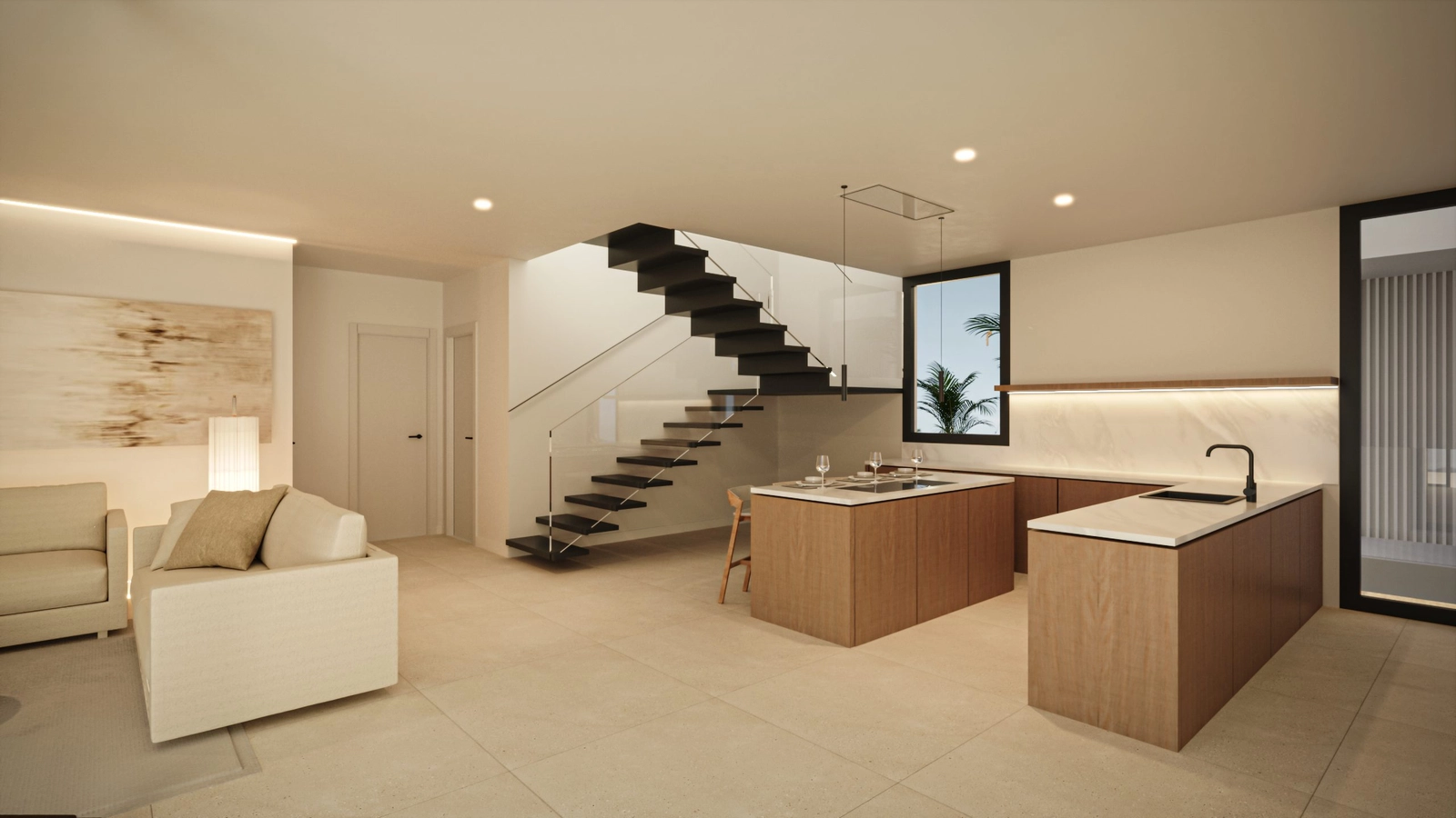 Die Maisonette-Wohnungen verfügen über stilvolle Küchen und elegante Treppen, die die Ebenen verbinden.