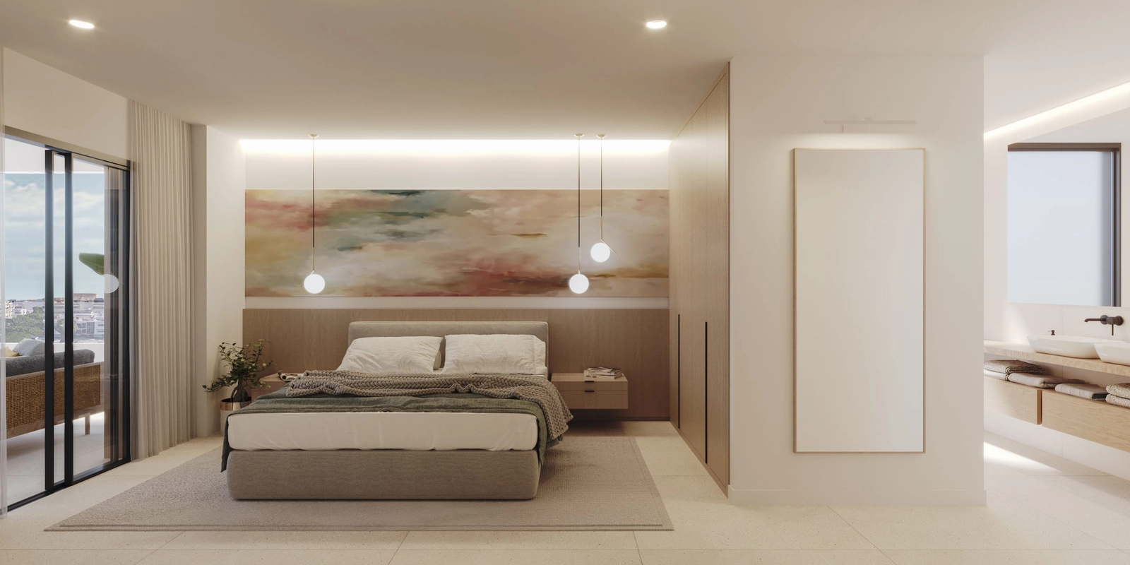 Das Hauptschlafzimmer ist ein ruhiger Rückzugsort mit direktem Terrassenzugang und einem harmonischen Design.