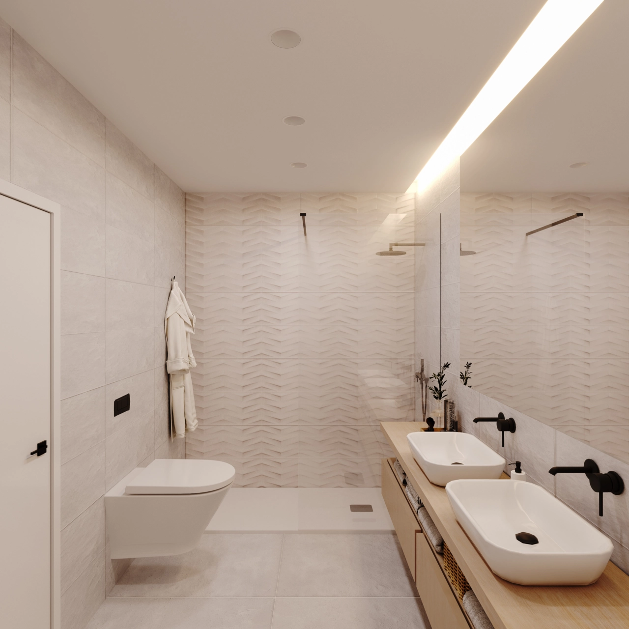 Moderne Badezimmer verfügen über hochwertige Armaturen und anspruchsvolle Fliesen.
