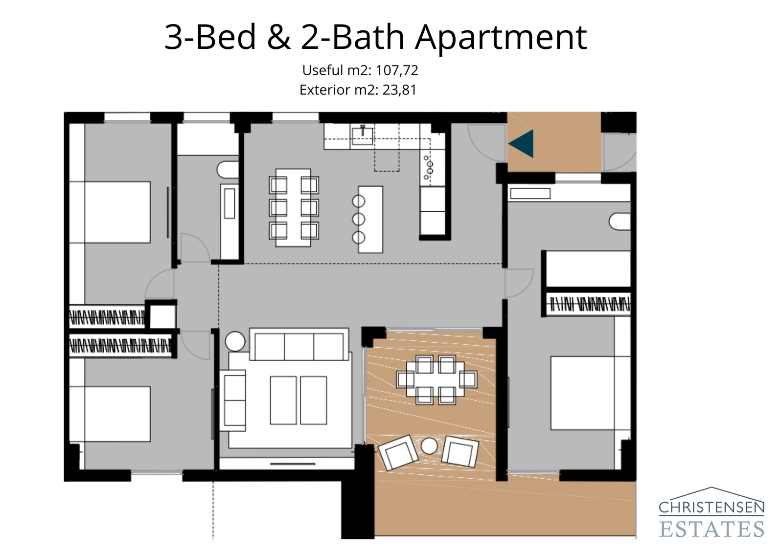 Ein geräumiger Grundriss einer Drei-Zimmer-Wohnung, konzipiert für Komfort und Funktionalität mit einer großzügigen Terrasse.