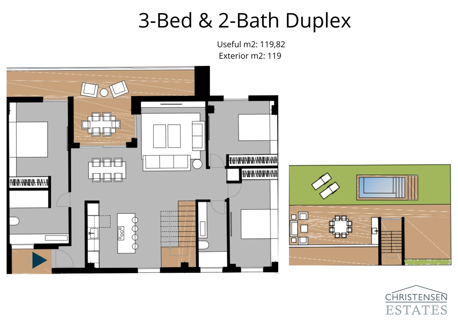 Dieser Maisonette-Grundriss zeigt eine Drei-Zimmer-Wohnung mit einem weitläufigen Dachsolarium, perfekt für private Entspannung und Unterhaltung.