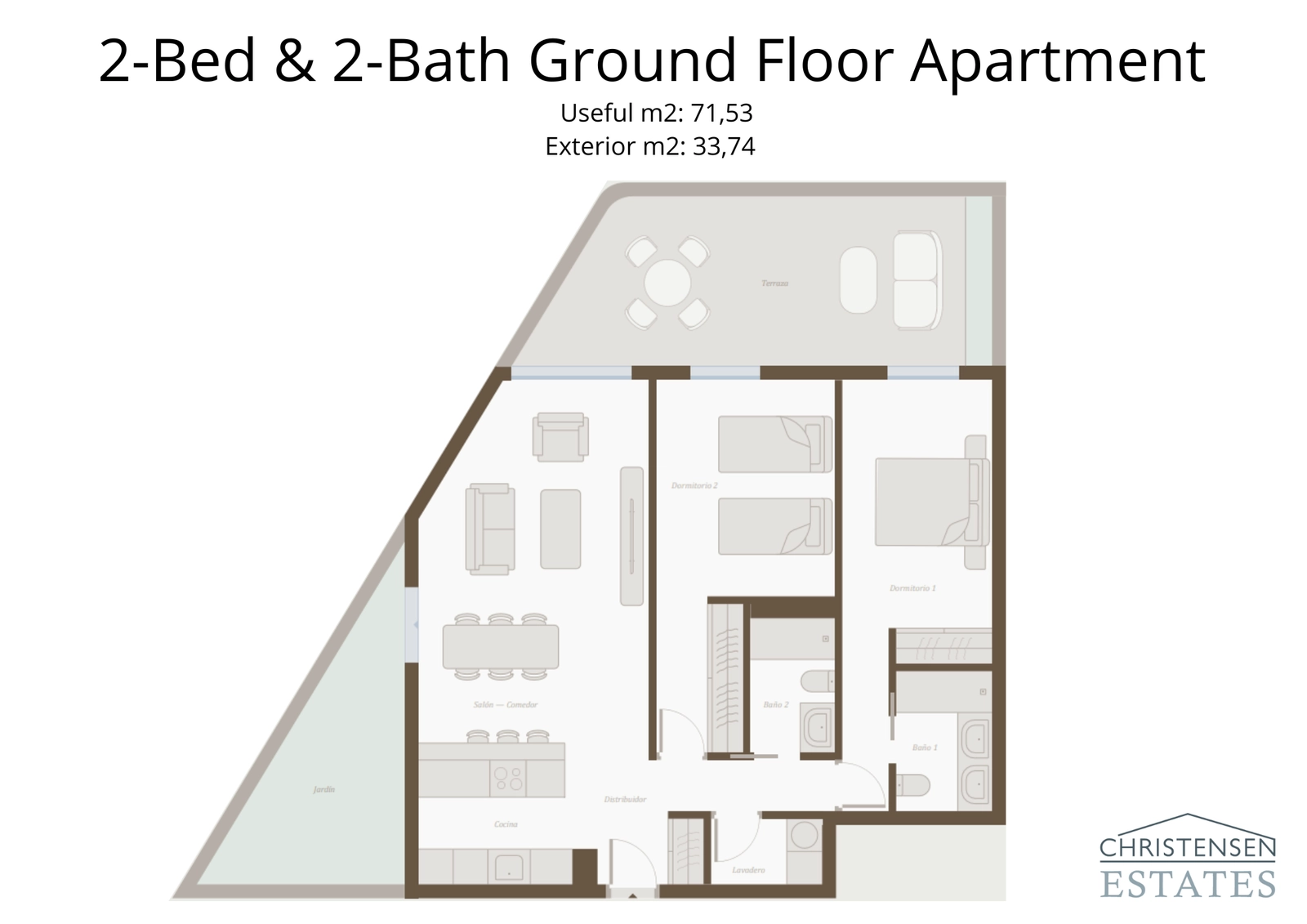 Grundriss für eine Zweizimmer-Erdgeschosswohnung mit einem geräumigen Wohnbereich, der sich zu einem privaten Garten öffnet.