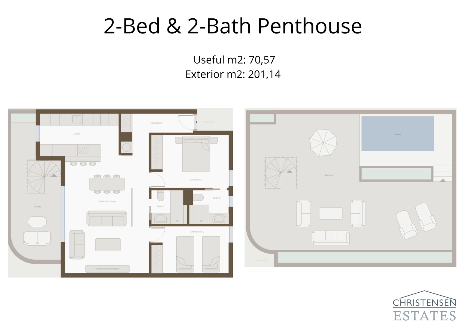 Der Grundriss der Zweizimmer-Dachgeschosswohnung umfasst ein prächtiges Dachsolarium mit privatem Schwimmbad, das einen exklusiven Lebensstil bietet.