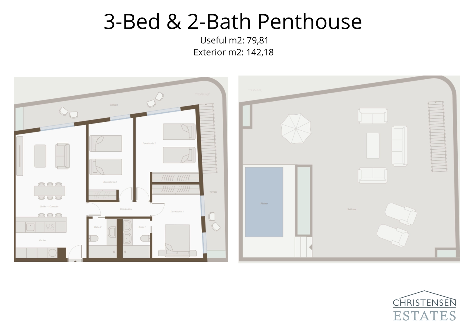 Dieser weitläufige Grundriss der Dreizimmer-Dachgeschosswohnung bietet ein großes privates Dachsolarium und ein Schwimmbad und schafft ein außergewöhnliches Wohnerlebnis.