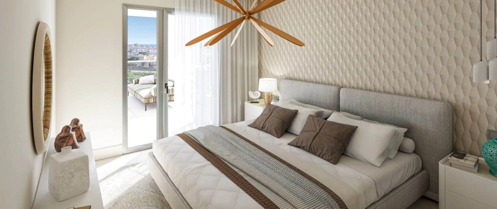 Das Hauptschlafzimmer ist ein friedlicher Rückzugsort mit direktem Zugang zur Terrasse und viel natürlichem Licht.
