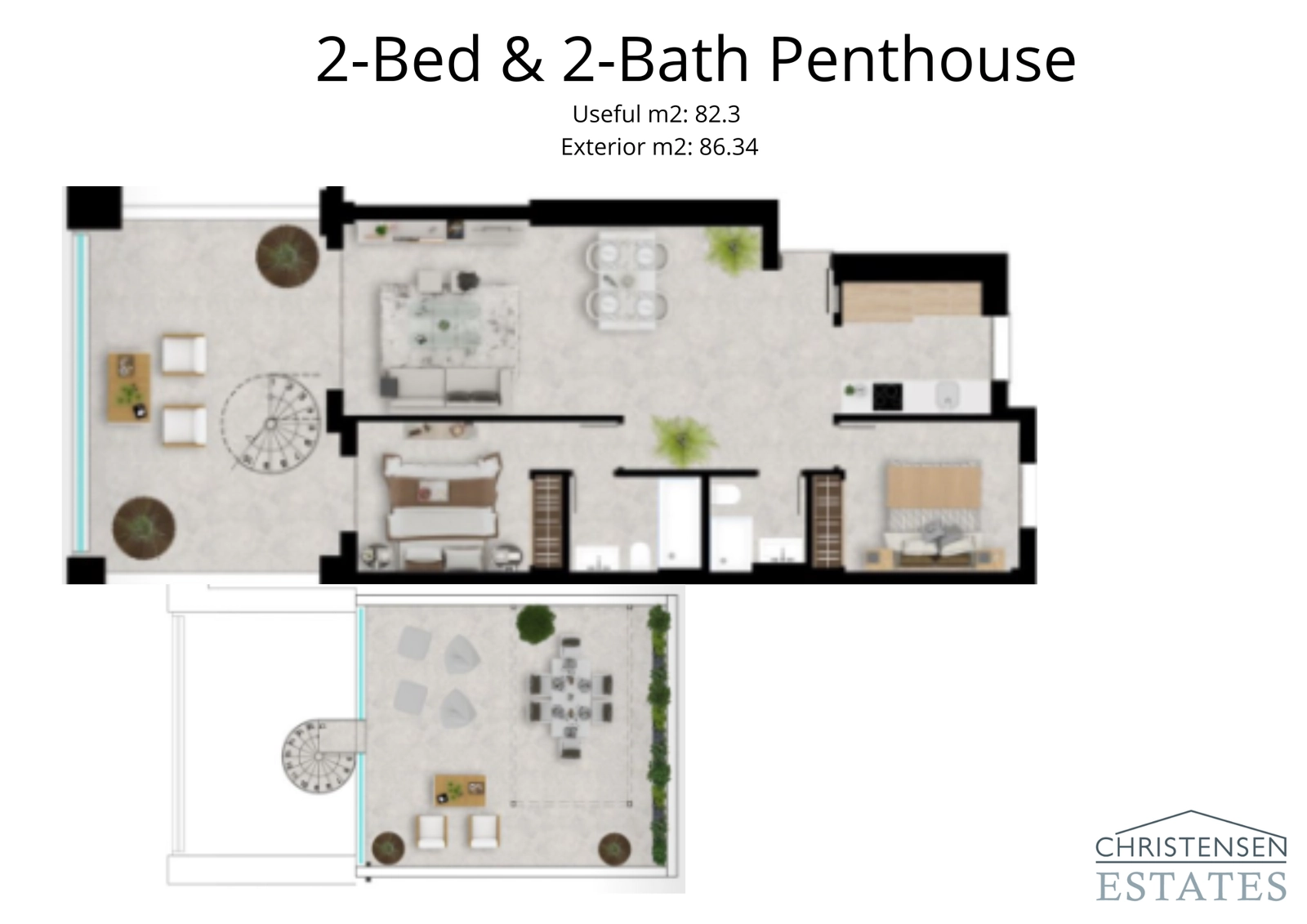 Ein elegantes Dachgeschosswohnungsdesign mit zwei Schlafzimmern und einem prächtigen Dachsolarium für privates Wohnen und Unterhaltung im Freien.