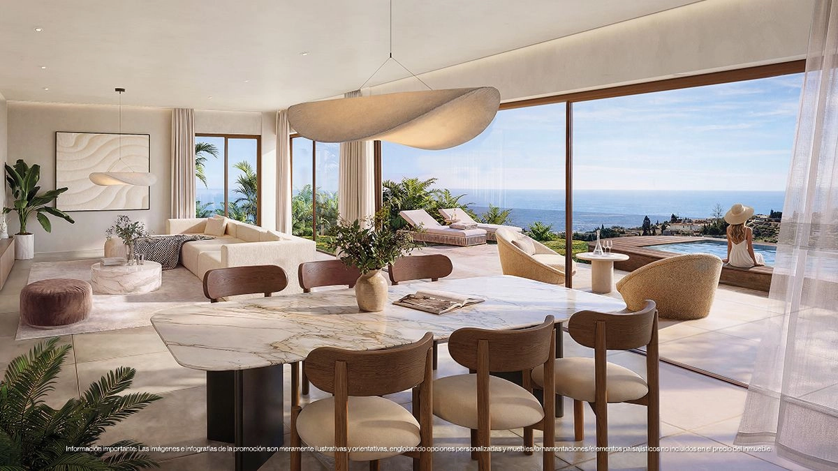 Der offene Essbereich ist für gesellige Anlässe konzip und vereint elegantes Design mit atemberaubendem Meerblick.