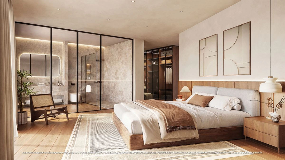 Das ruhige Hauptschlafzimmer bietet einen friedlichen Rückzugsort mit beruhigenden, neutralen Farbtönen und einem geräumigen, modernen Design.