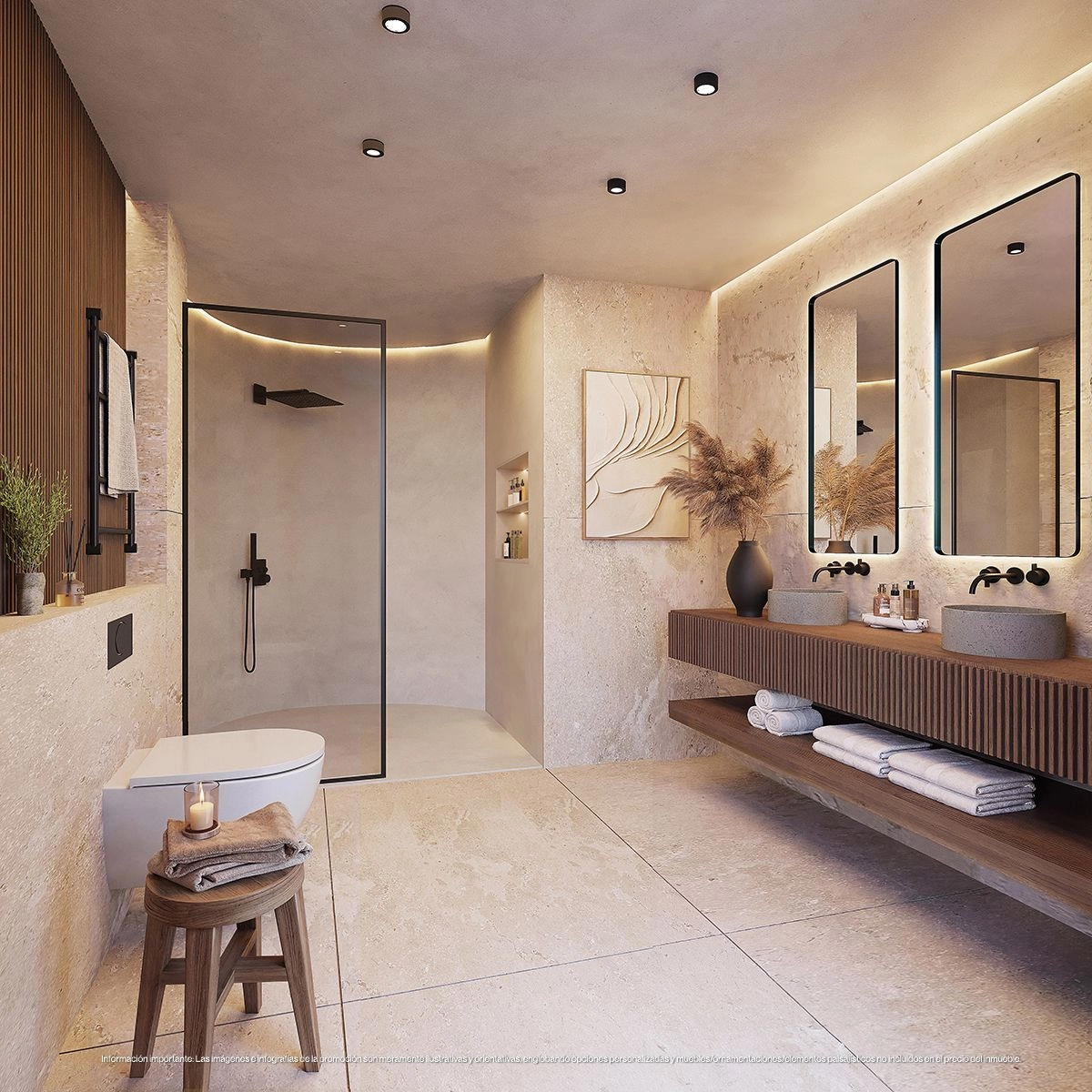 Ein wunderschön gestaltetes Badezimmer mit hochwertigen Naturmaterialien schafft eine Spa-ähnliche Atmosphäre für die tägliche Entspannung.