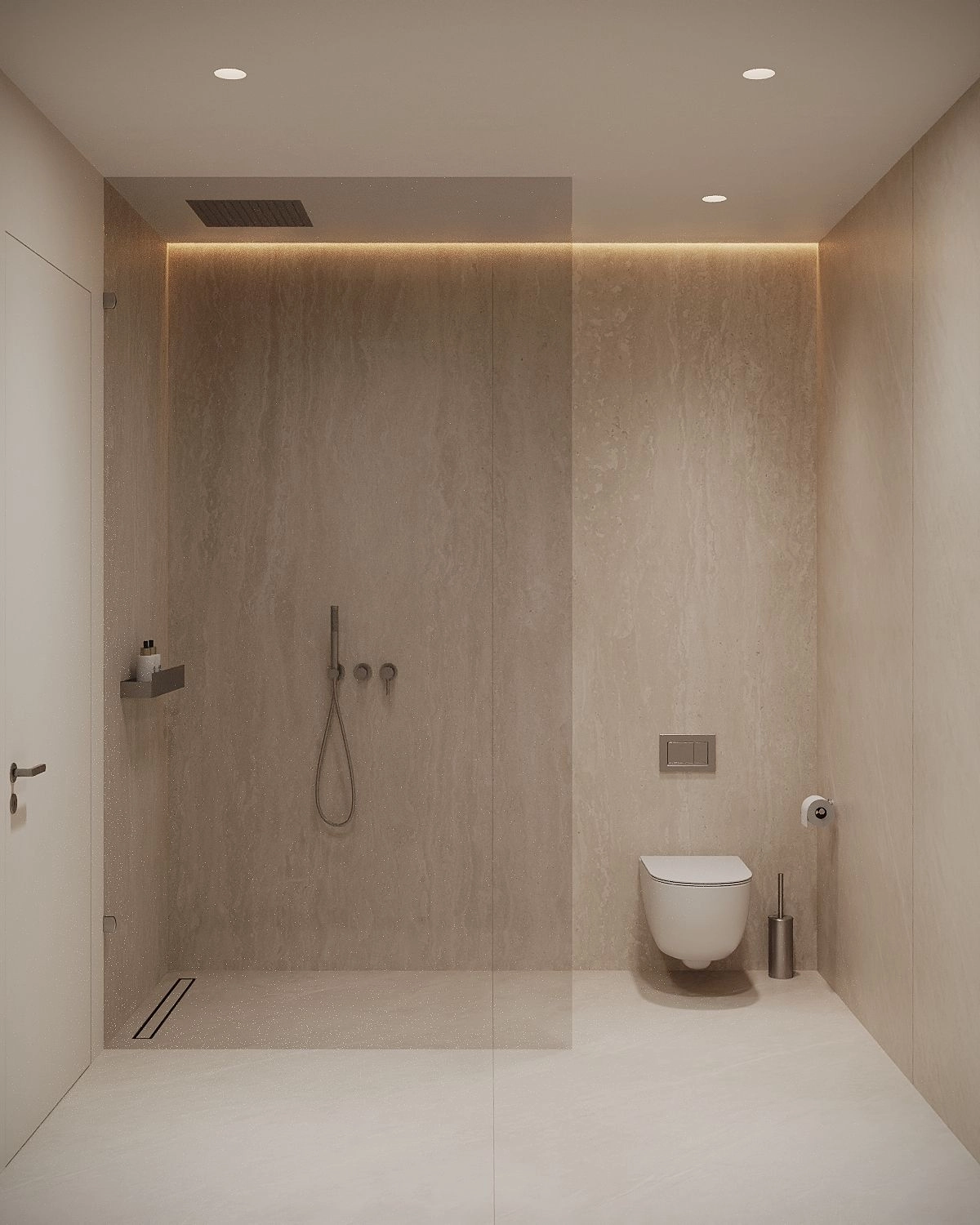 Ein makelloses Badezimmer mit begehbarer Dusche und minimalistischen, hochwertigen Armaturen.