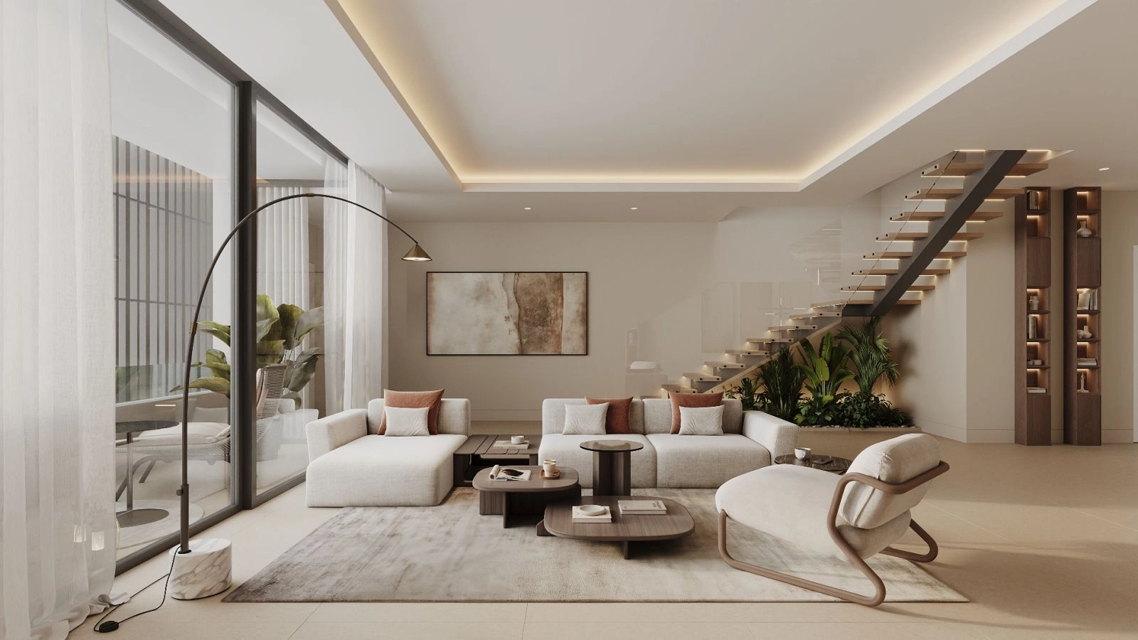 Helle und offene, lichtdurchflutete Wohnräume mit modernem, elegantem Design.