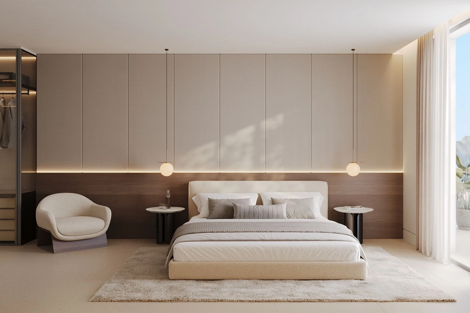 Ein ruhiges und geräumiges Hauptschlafzimmer, entworfen für höchsten Komfort und Entspannung.