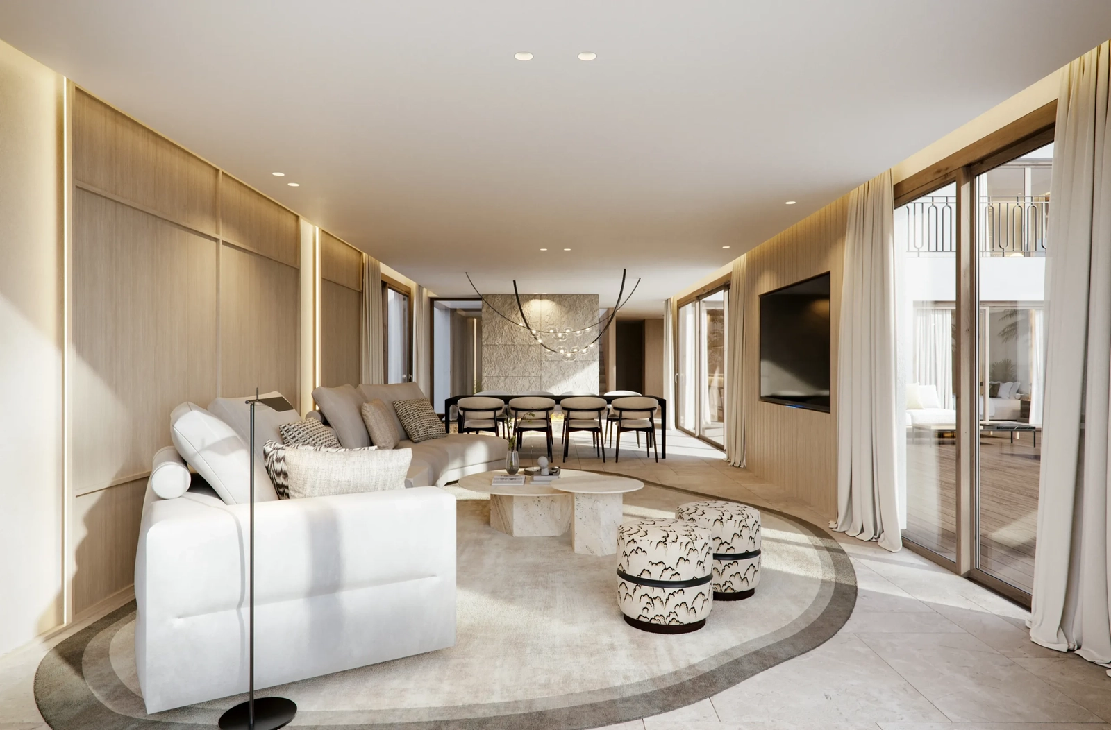 Große Fenster verbinden die Innenwohnräume mit den schönen Außenterrassen und schaffen ein fließendes Wohnerlebnis.