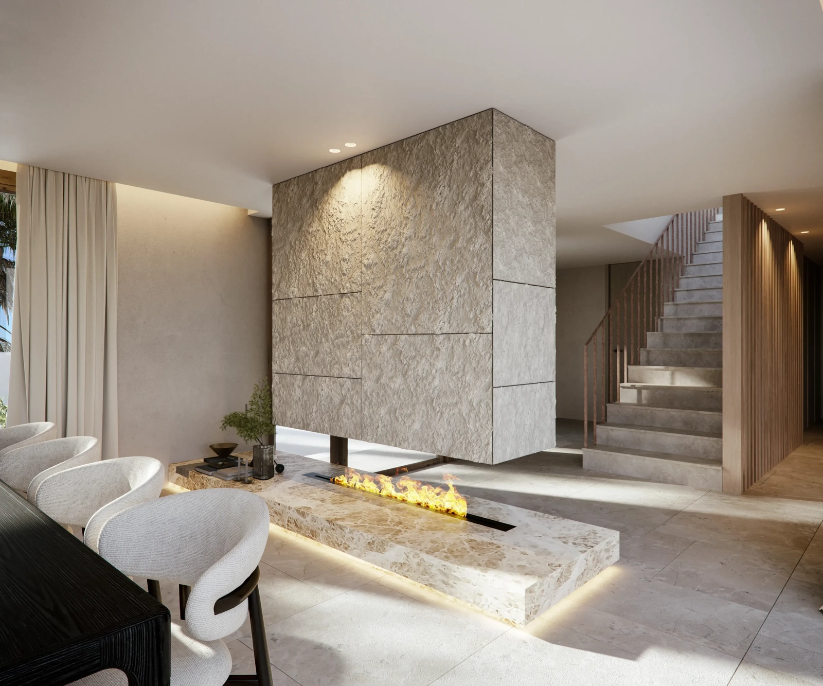 Ein moderner Kamin aus Naturstein dient als atemberaubendes Herzstück und verleiht Wärme und Stil.