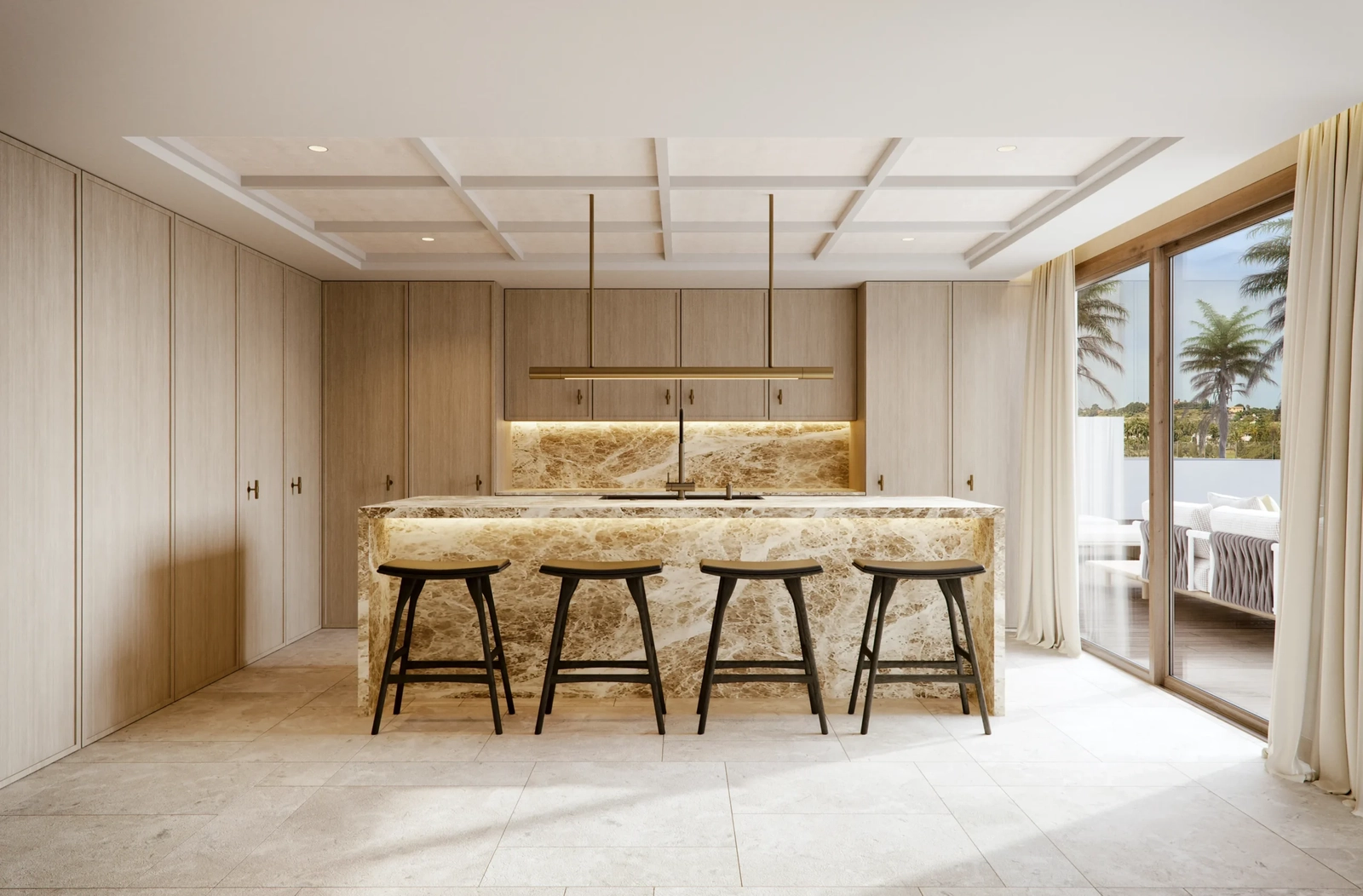 Die Designerküche verfügt über eine beeindruckende Marmorinsel und erstklassige Geräte, perfekt für den Alltag und die Bewirtung von Gästen.