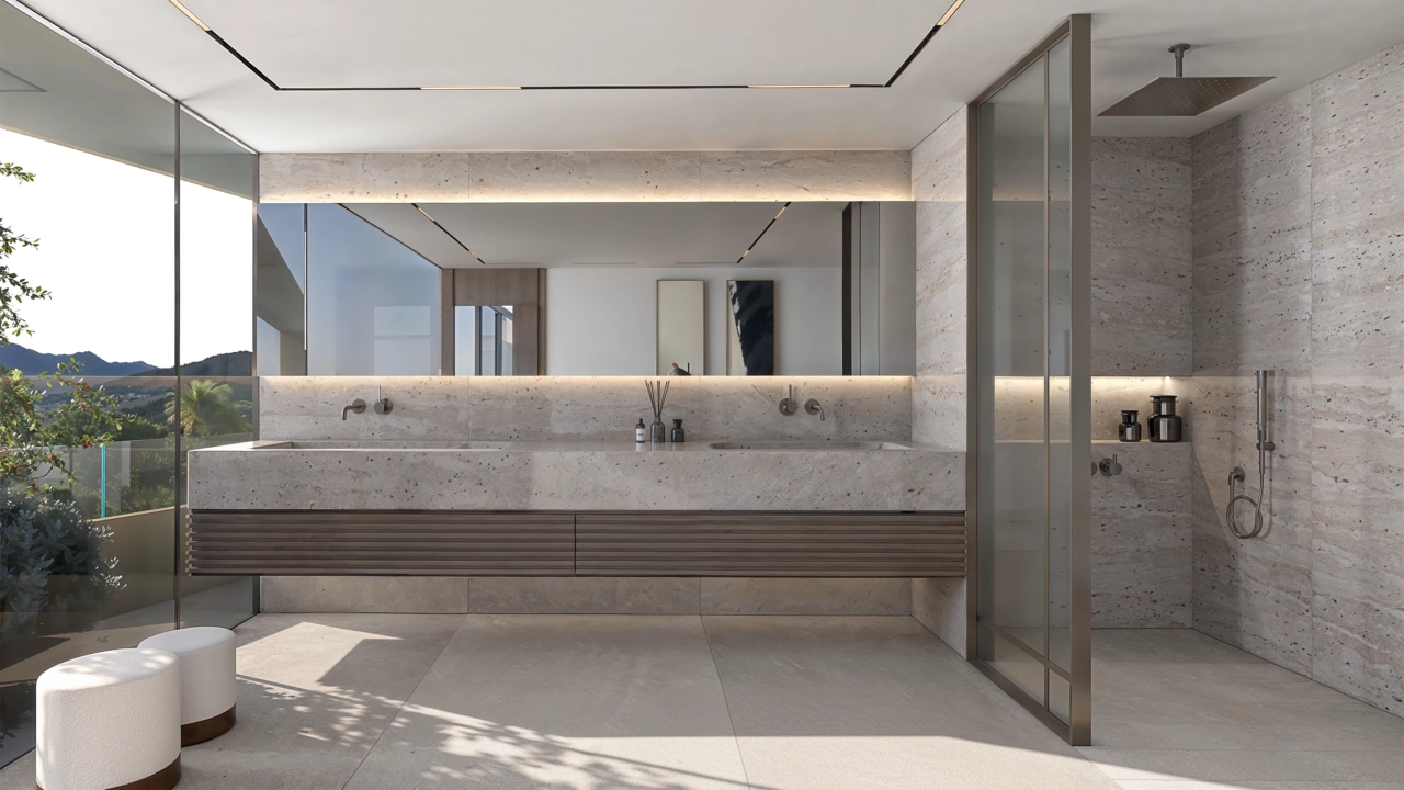 Ein wunderschön eingerichtetes Badezimmer mit hochwertigen Materialien, einem Doppelwaschtisch und einer geräumigen ebenerdigen Dusche.