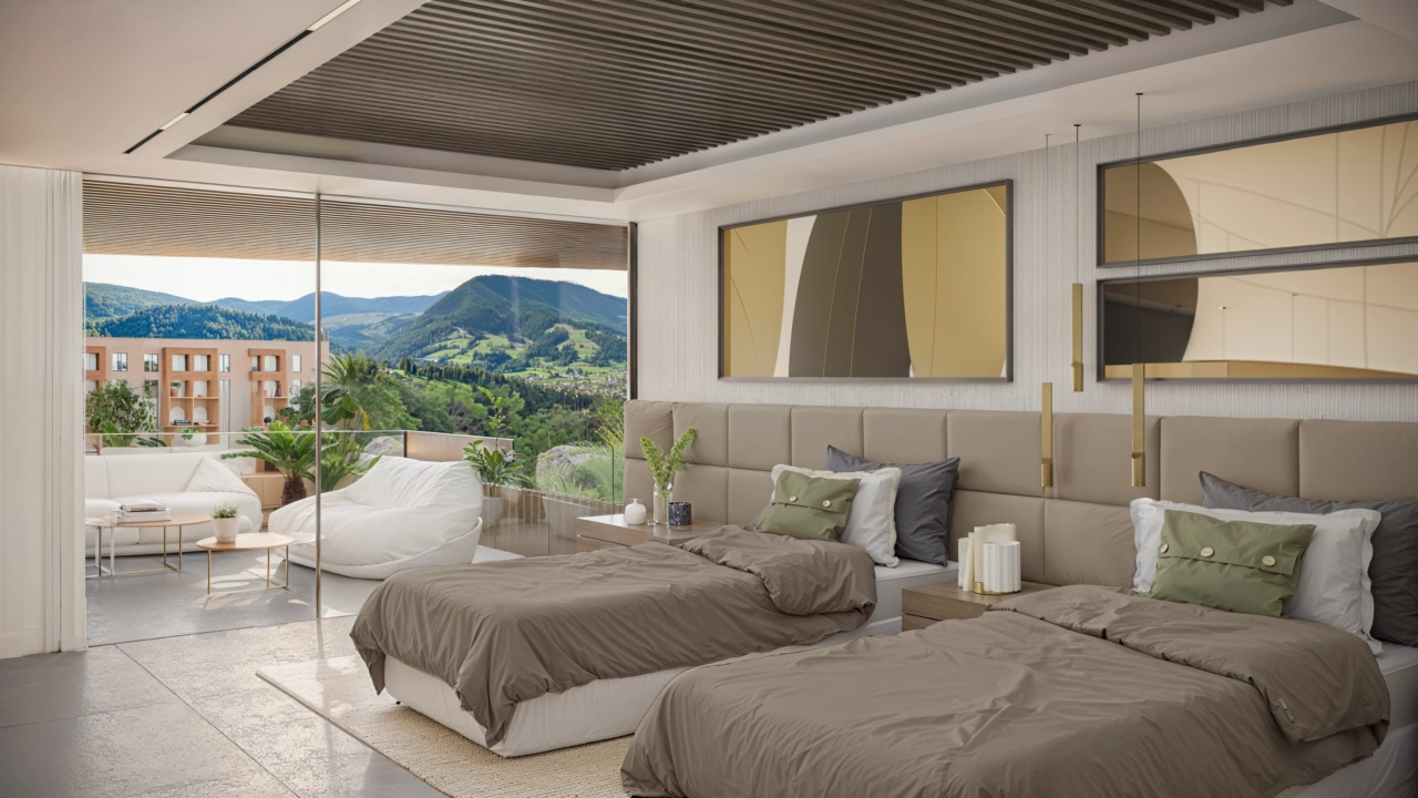 Die Gäste-Schlafzimmer sind großzügig geschnitten und verfügen über große Fenster, die die wunderschöne Landschaft und natürliches Licht hereinlassen.