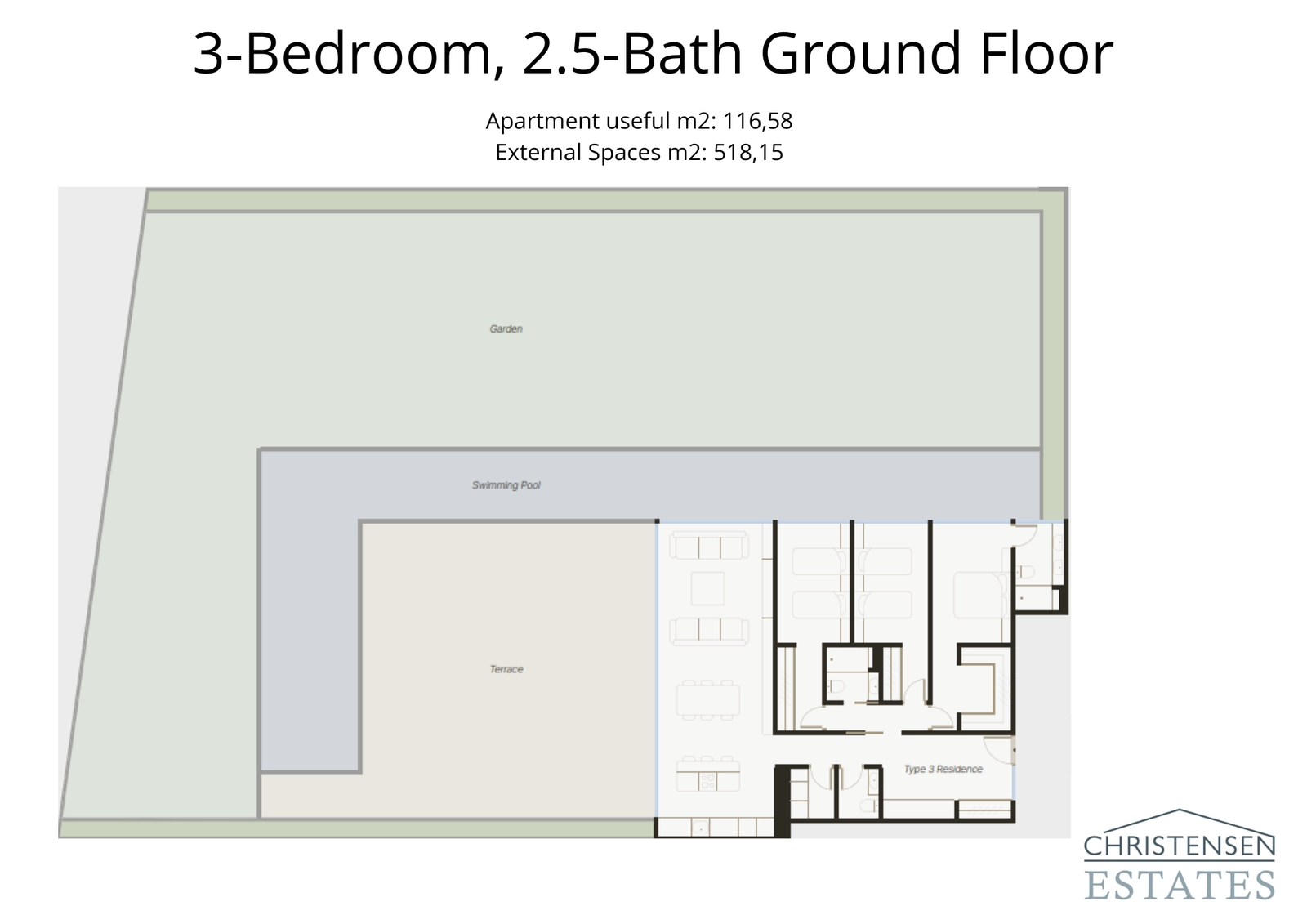Diese geräumige Erdgeschoss-Residenz mit drei Schlafzimmern verfügt über einen außergewöhnlich großen privaten Garten- und Poolbereich, perfekt für höchste Privatsphäre und Unterhaltung.