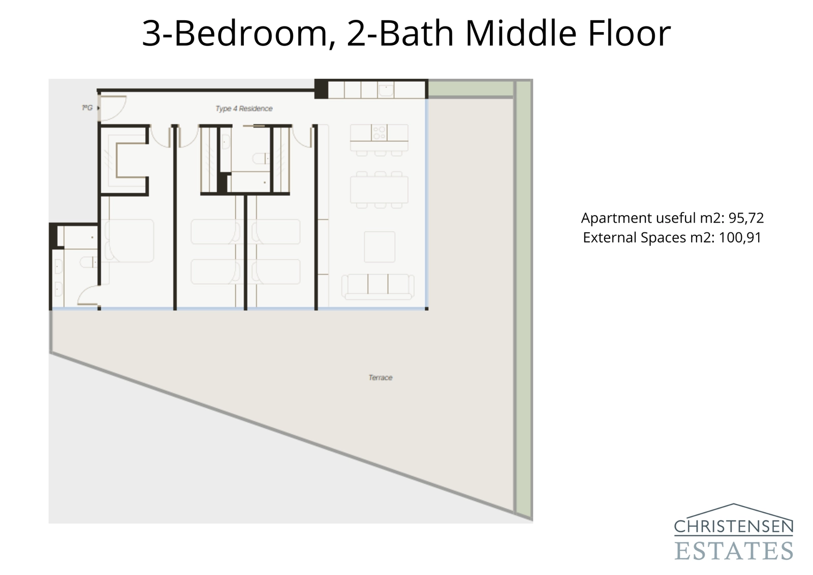 Der Grundriss dieses Drei-Schlafzimmer-Hauses betont offenes Wohnen mit einer großzügigen Eckterrasse, um die Aussicht und den Genuss im Freien zu maximieren.