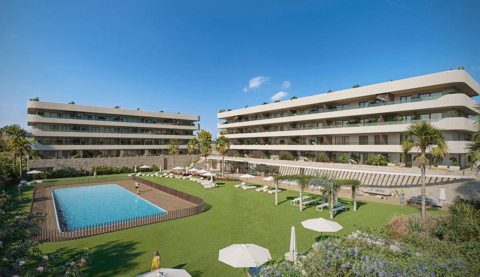 Die Residenz besticht durch atemberaubende moderne Architektur, umgeben von grünen Rasenflächen und einem großen zentralen Pool.