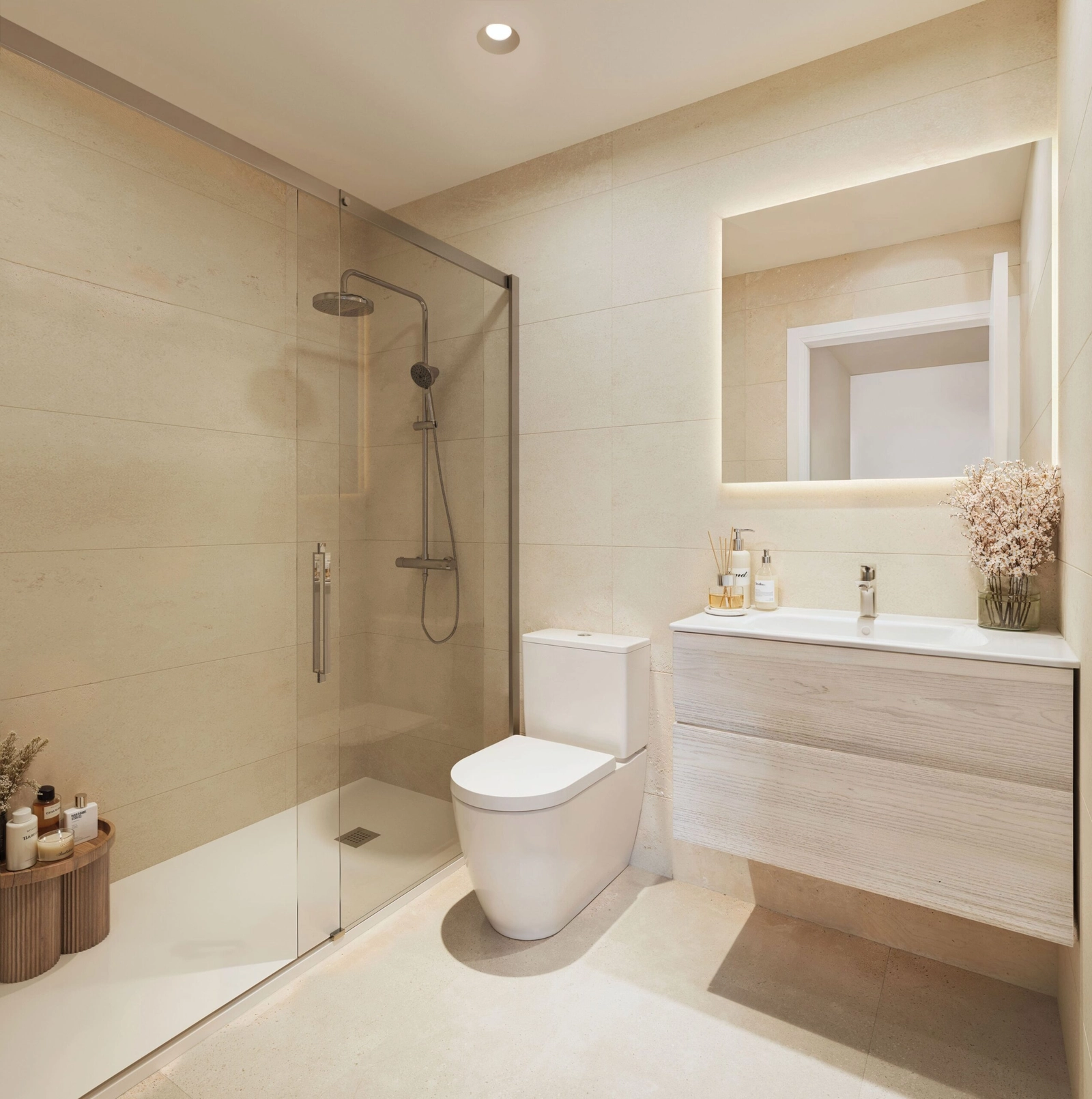 Ein stilvolles Badezimmer mit ebenerdiger Dusche und modernem Design.